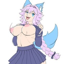 1girls animal_ears animal_tail blue_eyes bouncing_breasts breasts breasts_out clothed clothed_female female female_only flashing flashing_breasts fox_ears fox_tail io_(paladins) kemonomimi large_breasts looking_at_viewer mouth_open paladins silver_hair solo stepyon