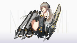 1girls :o artist_request bare_ass bare_legs blush bottomless breasts chainsaw dress female female_focus female_only grey_eyes grey_hair long_hair nanami_(punishing:_gray_raven) no_panties ponytail punishing:_gray_raven robot_girl solo weapon wheel