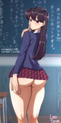 1girls ass back back_view background bare_ass big_ass big_thighs blackboard blush brown_hair classroom coat cute fat_ass fat_thighs female female_only komi-san_wa_komyushou_desu komi_shouko long_hair looking_back lord_socar miniskirt no_panties pov pov_eye_contact school_girl school_uniform short_skirt shushing skirt solo thick_thighs thighs uniform violet_eyes violet_hair watermark white_body