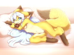 anthro breasts canid canine female fox fur genitals hair hazukikai hi_res long_hair mammal nipples nude pussy smile solo tuft