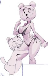 anthro big_breasts bikini blush breasts cartoon_network cleavage clothing domestic_cat duo embarrassed felid feline felis female grabbing_thighs gumball_watterson hugging_legs male male/female mammal monochrome narrow_waist paper riipley side-tie_bikini_bottom smaller_male swimwear teri_(tawog) the_amazing_world_of_gumball thick_thighs ursid voluptuous voluptuous_female