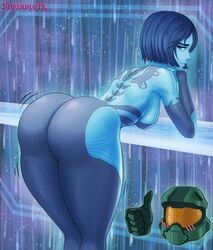 1boy 1girls 2d artificial_intelligence ass ass_focus ass_up bent_over big_ass black_eyebrows blue_eyes blue_hair blue_skin blush blushing cortana elbow_gloves embarrassed halo_(series) huge_ass large_breasts male_spartan_(halo) master_chief short_hair spartan_(halo) spartan_ii_(halo) superbusty thick_thighs thumbs_up tight_clothing