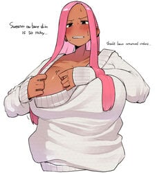 1girls blush breasts cleavage_reach dark-skinned_female dark_skin earrings english_text female forehead huge_breasts itching naked_sweater ohasi pink_(ohasi) pink_eyes pink_hair solo sweat sweater