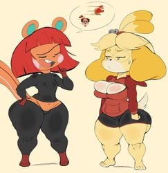 2021 2girls animal_crossing animal_ears anthro ass bell big_ass blush bottom_heavy breasts buckteeth cleavage female glasses hazel_(animal_crossing) hoodie huge_ass isabelle_(animal_crossing) nintendo overflowing_breasts purple_yoshi_draws shorts shortstack skindentation sweatdrop tail tight_clothing unibrow yoga_pants