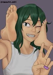 1girls artist_name blinking detached_limbs disembodied_feet feet feet_up foot_fetish foot_focus foot_on_face green_hair grey_eyes highres looking_at_viewer my_hero_academia natsuko_ashi natural_body_magic nbm peace_sign pink_nails purple_nails purple_toenails simple_background smile solo solo_female tokage_setsuna