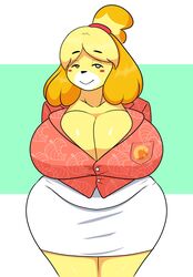 animal_crossing anthro blushing_at_viewer button_down_shirt canid canine canis cleavage female fur furry furry_only half_updo hands_behind_back hi_res isabelle_(animal_crossing) jwinkz large_breasts looking_at_viewer miniskirt nintendo thick_thighs unbuttoned unbuttoned_shirt yellow_fur yellow_hair