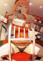 black_panties blush chair hololive hololive_english hololive_myth kuroi_suna legs_apart legwear looking_at_viewer mostly_clothed orange_hair panties phone pubic_hair_peek skirt_lift straddling straddling_chair takanashi_kiara thighs trimmed_pubic_hair upskirt virtual_youtuber