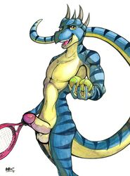 anthro ball balls blue_body boneitis dragon erection genitals gouache_(artwork) hi_res horn humanoid_genitalia male nude painting_(artwork) penis smile smiling_at_viewer solo teeth_showing tennis_ball tennis_racket traditional_media_(artwork) yellow_eyes yellow_underbelly