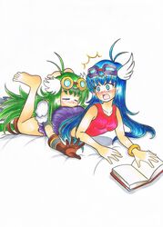 2013 alchemic_magician ass bed bed_sheet blue_eyes blue_hair blush book color female gong_(artist) green_hair light_blue_eyes slacker_magician surprised yu-gi-oh! yuri