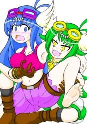 2014 alchemic_magician blue_eyes blue_hair blush breast_grab breasts female fully_clothed gong_(artist) green_hair long_hair slacker_magician star surprised yu-gi-oh! yuri