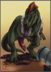 2016 after_transformation allosaurid allosaurus big_penis cannon claws clothed clothed_feral clothing colored comic dinosaur erection feral front_view genitals goldenemotions green_body hi_res male male_focus male_only one_piece penis ranged_weapon reptile scalie simple_background solo solo_male theropod torn_clothing watermark weapon x_drake