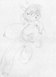 anthro balls big_breasts big_penis breasts canid canine claire_(harvey_beaks) eyewear fangs fingers fox genitals glasses gynomorph hair half-closed_eyes harvey_beaks harvey_beaks_(series) huge_breasts intersex mammal monochrome narrowed_eyes nickelodeon nipples open_mouth penis pose sbshouseofpancakes slightly_chubby tongue traditional_media_(artwork)