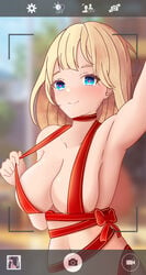 absurdres amrb blonde_hair bow breasts christmas cleavage gift_wrapping heart heart-shaped_pupils highres hololive hololive_english hololive_myth large_breasts naked_ribbon red_ribbon ribbon selfie symbol-shaped_pupils virtual_youtuber watson_amelia