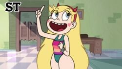 blonde_hair bracelet clenched_hand complex_vortex disney disney_channel disney_xd edit edited eyes_visible_through_hair happy heart looking_away pointing screencap screenshot screenshot_edit spiked_bracelet star_butterfly star_vs_the_forces_of_evil steca swimsuit swimwear thelazyart thick_thighs wide_smile