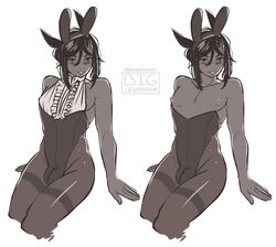 1boy alternate_costume artist_signature bare_arms biglewdnai black_hair blush bulge bunny_boy bunny_ears cat_ears catboy crossdressing dark-skinned_femboy dark-skinned_male dark_skin exposed_chest femboy final_fantasy final_fantasy_xiv frills leotard long_hair male male_only miqo'te monochrome nipples pantyhose smile tights white_background wide_hips