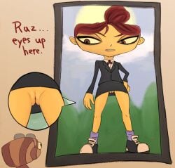 1girls female female_focus hair_bun lili_zanotto looking_at_viewer looking_down no_panties partially_clothed psychonauts psychonauts_2 pussy razputin_aquato shaved_pussy skirt skirt_suit suit upskirt