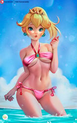 1girls alternate_version_available artist_signature beach bikini blonde_hair blue_eyes blush breasts crown day didi_esmeralda earrings female female_only looking_at_viewer mario_(series) medium_breasts nintendo ocean open_mouth outdoors outside partially_submerged patreon pink_bikini ponytail princess_peach short_hair smile solo solo_female