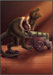 2016 allosaurid allosaurus clothing colored comic dinosaur feral goldenemotions green_body hi_res improvised_sex_toy male male_focus male_only masturbation one_piece open_mouth orgasm reptile scalie side_view solo solo_male theropod torn_clothing watermark x_drake