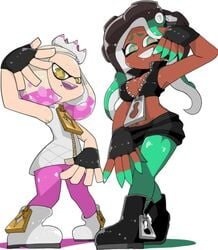 big_breasts cleavage clothed clothing inkling jacket marina_(splatoon) midriff multicolored_hair name_omoitukan2 nipple_bulge octoling off_the_hook_(splatoon) omoitukan2 pearl_(splatoon) safe small_breasts smile splatoon splatoon_2 zipper