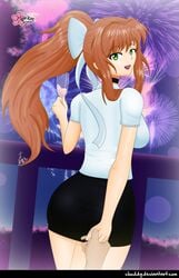 balcony black_skirt brown_hair champagne_glass choker clouddg doki_doki_literature_club female fireworks green_eyes hand_holding looking_at_viewer looking_back monika_(doki_doki_literature_club) open_mouth ponytail smiling white_hair_bow white_shirt