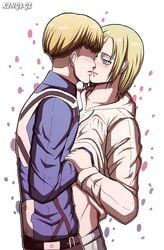 annie_leonhardt armin_arlert attack_on_titan blonde_hair blue_eyes kings-gz kissing medium_hair shingeki_no_kyojin