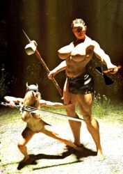 2girls 3d abs blonde_hair cyclops fantasy female female_only helmet holding_object holding_sword holding_weapon huge_breasts large_breasts larger_female long_hair muscular muscular_female necrophage nude nude_female outdoor outdoor_nudity outdoors outside pinup size_difference slushe_(website) smaller_female standing sword tagme