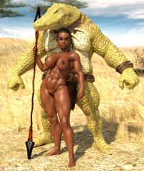 1boy 1girls 3d abs african african_female anthro black black_female black_hair black_pubic_hair dark-skinned_female dark_skin depth_of_field earrings ebony ebony_female holding_object holding_spear holding_weapon hoop_earrings large_breasts larger_male looking_at_viewer monster muscular muscular_female necklace necrophage nude nude_female outdoor outdoor_nudity outdoors outside pubic_hair short_hair size_difference slushe_(website) smaller_female sobek spear standing very_dark-skinned_female very_dark_skin