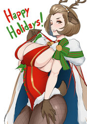 1girls ;d alternate_costume animal_ears antlers beauty_mark breasts brown_eyes brown_hair cape choker christmas christmas_outfit cleavage coat eyeshadow fake_animal_ears fake_antlers fake_tail female_only fire_emblem fire_emblem:_three_houses fire_emblem_heroes fishnet_legwear fishnets gloves grin hair_slicked_back happy_holidays highres huge_breasts lainart lipstick looking_at_viewer makeup manuela_casagranda manuela_casagranda_(winter) mole mole_under_eye nintendo official_alternate_costume one_eye_closed open_mouth orange_eyeshadow pulling reindeer_antlers short_hair sideboob smile solo tail teasing thighs wink