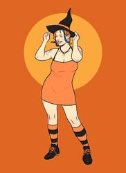 1girls alexis_(numitor) dress gorgon halloween multicolored_hair numitor orange_background orange_dress orange_eyes pointy_ears simple_background snake_hair solo striped_socks tattoo witch_hat