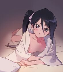 1girls aged_up arm_rest artist_request barefoot bleach blush breasts clothing cute cute_face feet female female_only kimono kuchiki_rukia light_skin long_hair looking_at_viewer lying lying_on_bed lying_on_stomach mature mature_female milf nipples no_bra oki_niha_hana on_bed on_stomach one_breast_out perky_breasts petite pillow ponytail pov purple_eyes shiny shiny_hair shiny_skin skindentation small_breasts smaller_female solo solo_focus tied_hair time_skip toes