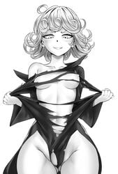 1girls bare_shoulders breasts breasts_out_of_clothes cowboy_shot curly_hair female flashing greyscale high_resolution medium_breasts monochrome navel nipples no_bra nopan one-punch_man ripped_dress sereneandsilent short_hair simple_background solo tatsumaki torn_clothes very_high_resolution white_background wide_hips