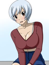 belly big_breasts blush breasts brown_eyes clavicle cleavage crop_top embarrassed fairy_tail looking_at_viewer open_mouth red_shirt short_hair short_shorts stomach white_hair yukino_aguria