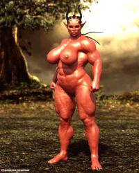 1girls 3d abs demon demon_girl depth_of_field elf_ears extreme_muscles female female_only horn huge_breasts looking_at_viewer muscular muscular_female necrophage nude nude_female outdoor outdoor_nudity outdoors outside pinup pointy_ears red_body red_skin slushe_(website) solo solo_female standing veiny veiny_arms veiny_legs veiny_muscles