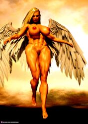 1girls 3d abs alternate_version_available angel blonde_hair blonde_pubic_hair extreme_muscles female female_only huge_breasts long_hair looking_at_viewer midair muscular muscular_female necrophage nude nude_female pinup pubic_hair slushe_(website) solo solo_female viewed_from_below wings