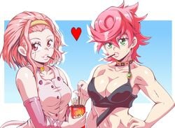 <3 2girls bare_shoulders belly_button bocodamondo breasts choker cleavage clothing diadem diamond_is_unbreakable dress eyebrows female_focus female_only ghost ghost_girl green_eyes hair hair_ornament heart jojo's_bizarre_adventure lewdamone light-skinned_female light_skin lips looking_at_viewer pink_dress pink_eyebrows pink_eyes pink_hair pocky sexy_armpits sfw shiny_hair shiny_skin short_hair smile smiling smiling_at_viewer stomach sugimoto_reimi toned toned_female trish_una vento_aureo