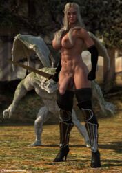 1boy 1futa 3d alternate_version_available areolae armor balls blonde_hair boots breasts depth_of_field dickgirl elbow_gloves elf elf_ears erect_nipples fantasy forest forest_background futa_with_male futanari gargoyle gloves half-erect high_heel_boots high_heels holding_object holding_sword intersex large_breasts long_hair looking_at_viewer male monster muscular muscular_futanari naked necrophage nipples nude nude_futanari outdoor outdoor_nudity outdoors outside penis pinup pointy_ears pubic_hair slushe_(website) sword veiny veiny_arms veiny_muscles