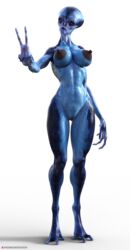 1girls 3d alien alien_girl bald blue_body blue_skin female female_only huge_breasts narrow_waist necrophage nude nude_female peace_sign pinup sci-fi science_fiction slushe_(website) solid_color_background solo solo_female standing white_background