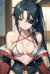 ai_generated bikini_top black_hair brown_eyes eye_patch female female_only gintama hiradegirl long_hair looking_at_viewer medium_breasts off_shoulder open_jacket open_shirt ponytail solo underboob upper_body yagyuu_kyuubei