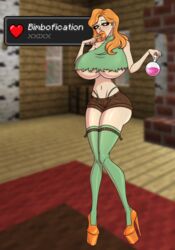 alex_(minecraft) bimbo bimbofication brain_drain female green_legwear high_heels huge_ass huge_breasts maxtyan-tf minecraft navel orange_fingers orange_hair orange_lipstick ripped_clothing shorts thick_lips thick_thighs thighhighs thong underboob wide_hips