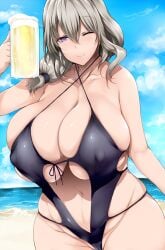 1girls alcohol beer blue_eyes breasts cleavage female hips holding_object huge_breasts light-skinned_female light_skin long_hair massive_breasts mature_female milf mother side_ponytail swimsuit thick_thighs thighs tsukasawa_takamatsu uzaki-chan_wa_asobitai! uzaki_tsuki white_hair wide_hips