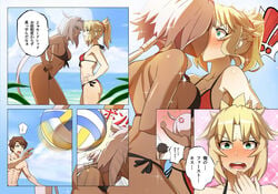 1boy 2girls accidental_circumstance accidental_kiss accidental_yuri anger_vein angry ball beach bikini black_bikini blonde_hair blue_eyes blush breast_shaming breasts brown_hair caenis_(fate) calling_flat chocolate_and_vanilla dark-skinned_female dark_skin dialogue fate/grand_order fate_(series) first_kiss flustered fujimaru_ritsuka_(male) green_eyes high_ponytail hit_by_ball hit_in_the_head hyperbudd japanese_text kissing mocking mordred_(fate) mordred_(fate/apocrypha) mordred_(swimsuit_rider) outdoors panels ponytail red_bikini seaside small_breast_humiliation small_breasts speech_bubble swimsuit text volleyball white_hair yuri