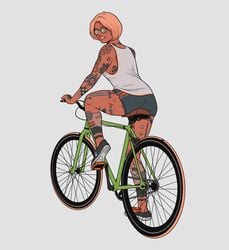 1girls bicycle bike bike_shorts blonde_hair carly_(numitor) looking_at_viewer looking_back numitor short_hair short_shorts shorts solo tank_top tattoo