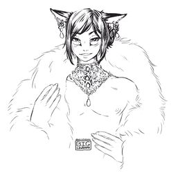 1boy artist_signature biglewdnai black_and_white black_hair cat_ears catboy dark-skinned_femboy dark-skinned_male dark_skin earrings exposed_chest femboy final_fantasy final_fantasy_xiv fur fur_coat looking_at_viewer male male_only miqo'te monochrome necklace nipples pearls smile white_background