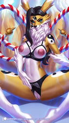 alanscampos anthro areola bandai_namco black_bra black_clothing black_panties black_sclera black_underwear blue_eyes bra breasts clothing crotchless_clothing crotchless_panties crotchless_underwear cupless_bra digimon digimon_(species) dipstick_ears dipstick_tail eyebrows facial_markings female fur genitals gloves_(marking) head_markings hi_res kyubimon lace leg_markings looking_at_viewer markings multi_tail multicolored_ears navel neck_tuft nipples panties pupils pussy sitting slit_pupils smile socks_(marking) solo spread_legs spreading tail_markings tight_pussy tuft underwear white_body white_fur yellow_body yellow_fur