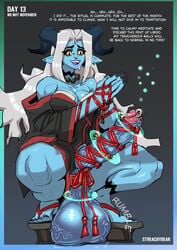 1futa balls big_breasts black_sclera blue_oni_(streachybear) blue_skin bottomless breast_expansion breasts clothed clothing demon demon_girl dialogue dickgirl erection futa_balls futa_only futanari huge_balls huge_cock humanoid humanoid_penis long_ears long_hair magic magic_circle no_nut_november orgasm_denial original partially_clothed penis penis_piercing piercing pointy_ears prince_albert_piercing rope shibari solo squatting streachybear sweat text tied_penis white_hair yellow_eyes