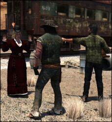 1girls 2boys 3d clothed clothing colmarq fanart femsub group group_sex gun gunpoint joel_miller john_marston karen_jones large_breasts maledom orgy outdoor outdoors outside rape red_dead_redemption red_dead_redemption_(series) slushe_(website) the_last_of_us