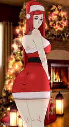 1girls ass ass_in_dress big_breasts breasts christmas curvaceous curvy curvy_body curvy_figure dress female female_only fur_trim hair_ornament hairclip headwear huge_breasts impuredoncelle indoors mature mature_female milf narrow_shoulders naruto naruto_(series) naruto_shippuden red_hair santa_hat single_girl solo solo_focus strapless_dress thick_thighs thin_arms thin_waist uzumaki_kushina voluptuous wide_hips