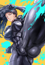 1girls abs armor asami_(one-punch_man) big_breasts black_hair breasts female female_focus female_only kick kicking leg legs_up long_hair muscular_female one-punch_man open_mouth pose purple_hair pussy solo solo_female solo_focus surprise surprised tagme thighs tight_clothing tight_fit