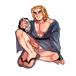 1boy alcohol bakkunsfw bara blonde_hair blush boner clenched_teeth demon_slayer dilf erection facial_hair full_body fundoshi fundoshi_aside kimetsu_no_yaiba kimono male male_only muscular muscular_male nipples older_male pecs penis penis_out rengoku_shinjurou sake shiny_skin sitting solo stubble sweat two_tone_hair uncensored uncut