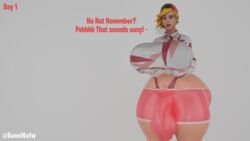 1futa 3d blonde_hair bulge clothed clothing cock_sleeve_(clothes) dialogue futa_only futanari futasunstrider huge_breasts huge_cock no_nut_november self_upload short_hair solo sunninsfw sunny_(sunninsfw)